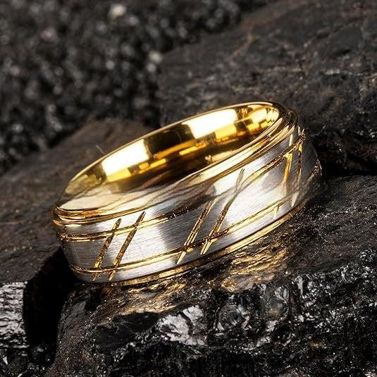Men's Yellow Gold 8mm Simple Polished Twill Tungsten Ring