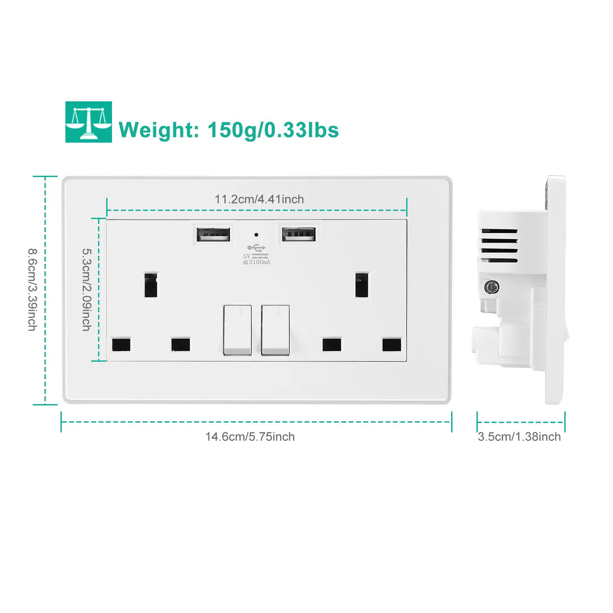 UK Wall Outlet Dual Wall Plug Socket Duplex 2.1A Chargeur mural USB avec éclairage de commutateur de prise I
