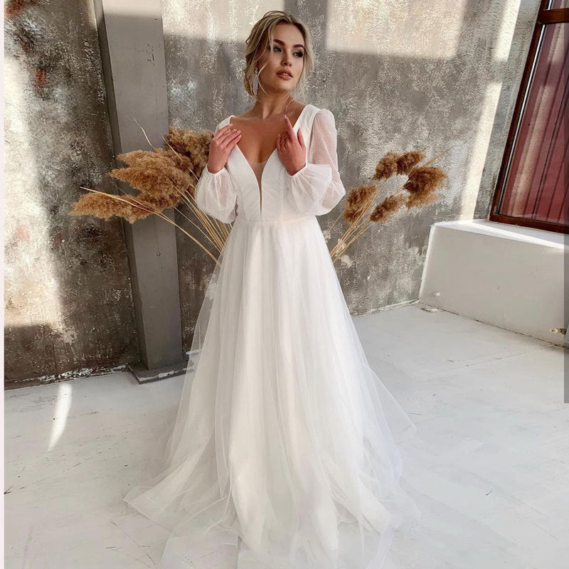 Robe de mariée de style français Deep-V Bubble à manches longues