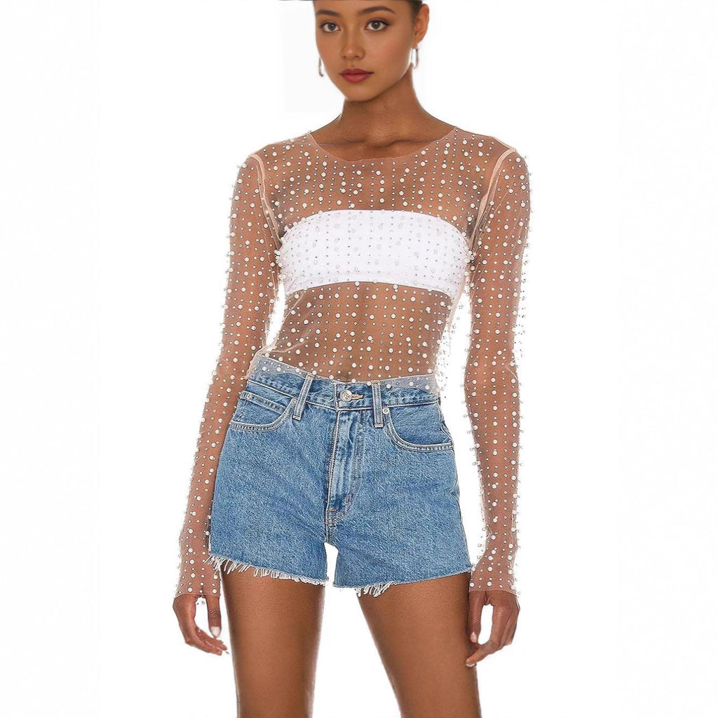 Bubble-bead Sheer Mesh Haut à manches longues