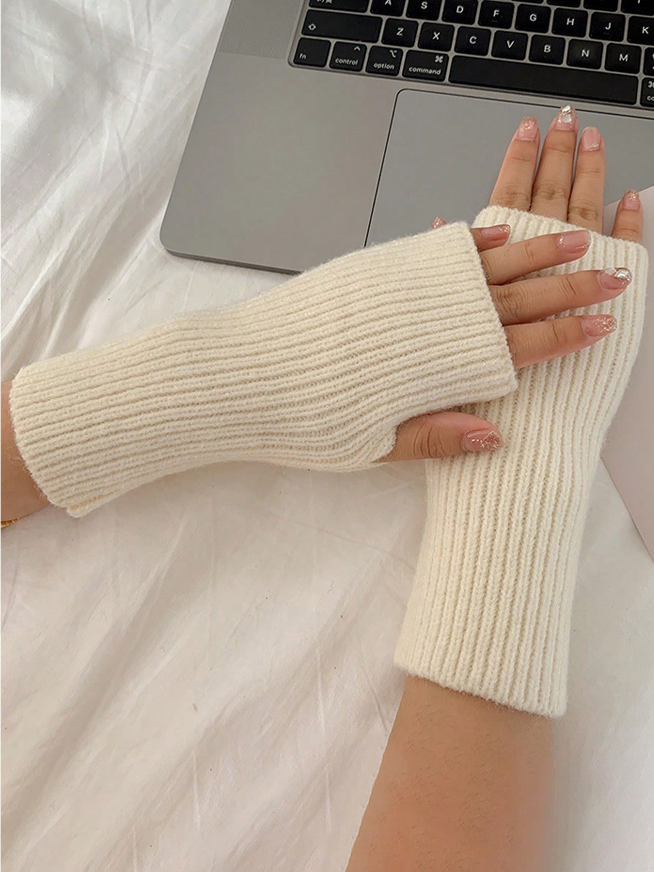 Gants demi-doigts tricotés - paire blanc-1