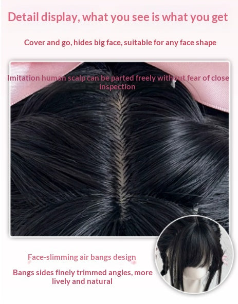 Femmes Wig Wispy Bangs Long droit cheveux noirs tressé Updo
