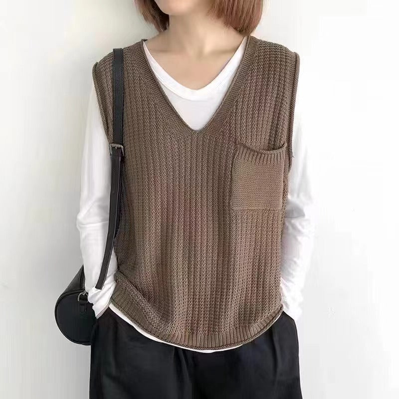 Veste de tricot artistique à col V simple