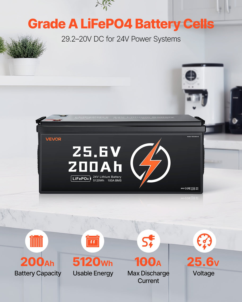 Batterie rechargeable au lithium 24V 200Ah LiFePO4 100A BMS 4000 Cycle