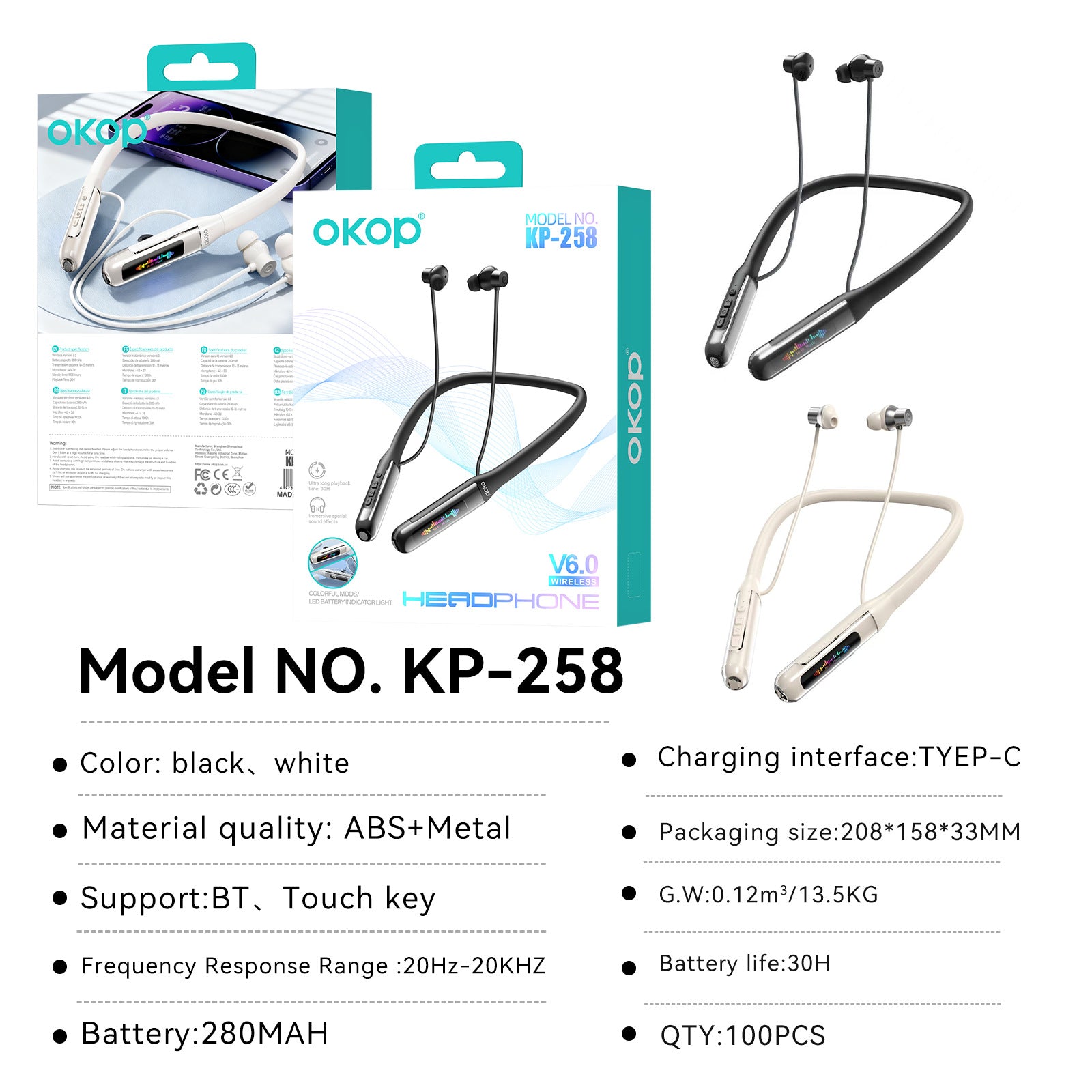 KP-258 Meilleures ventes de bande de collier Bluetooth Earphones Magnetic Digital Display In-Ear Bas Laten