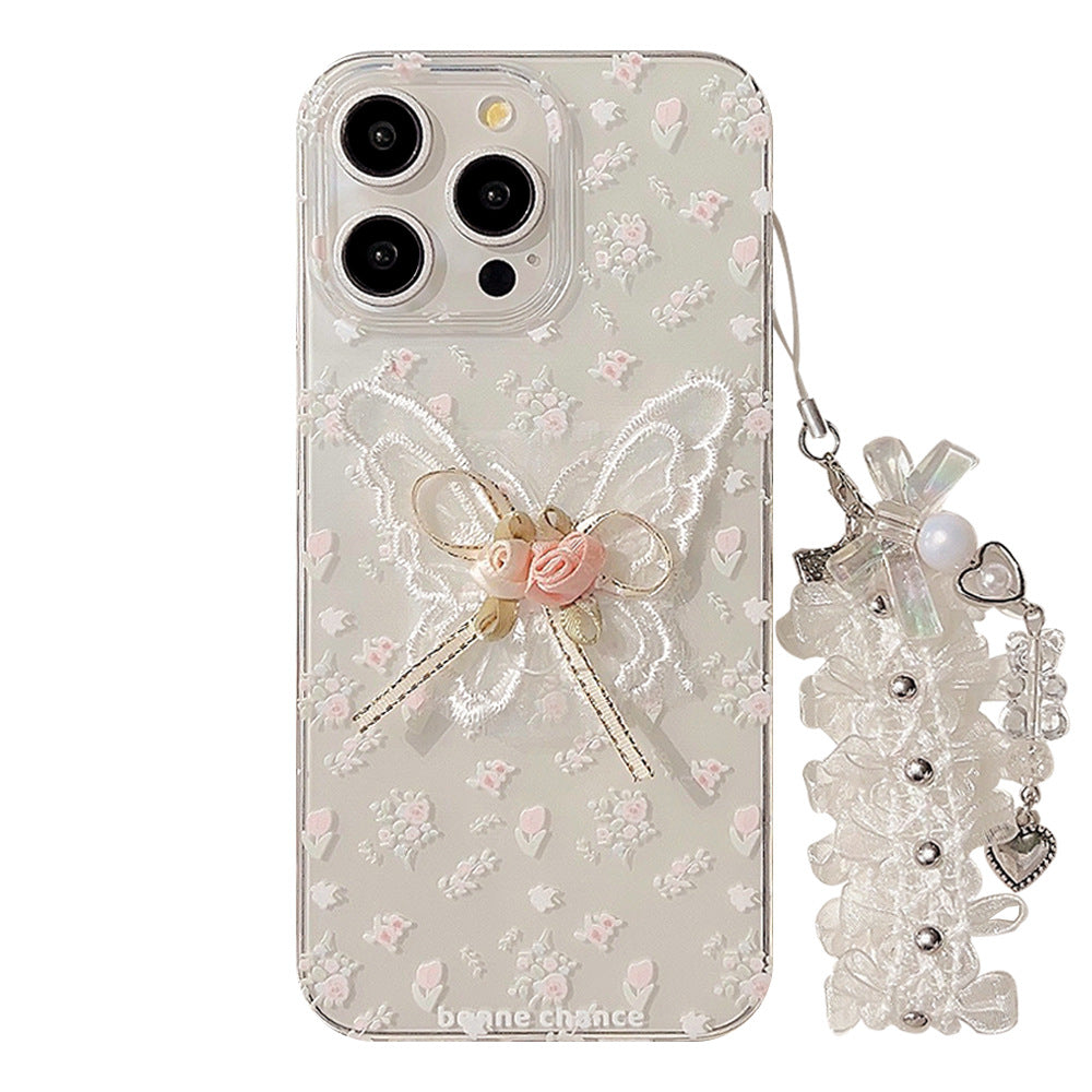 Aesthetic Embroidered Flower Phone Case with Transparent Lace Pendant