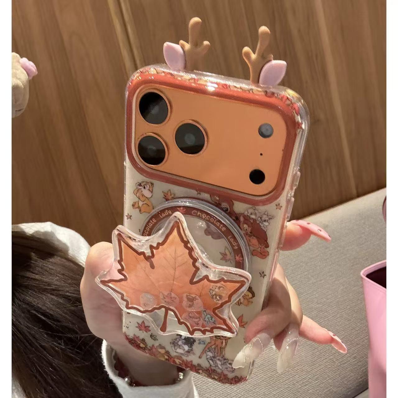 Mignon 3D Deer-Ear étui de téléphone magnétique Maple-Leaf