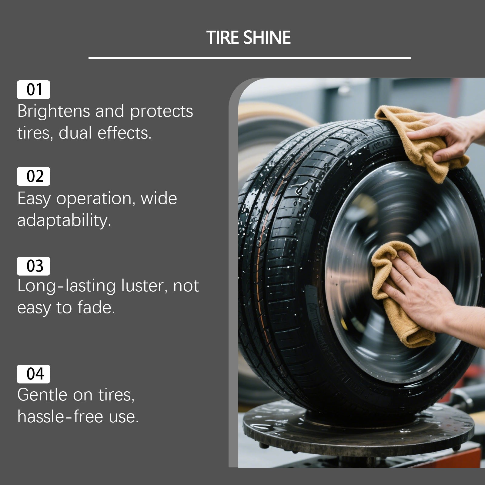 Hikmarion Tire Shine Spray est un agent de polissage et d'entretien de pneus approprié pour post-Was