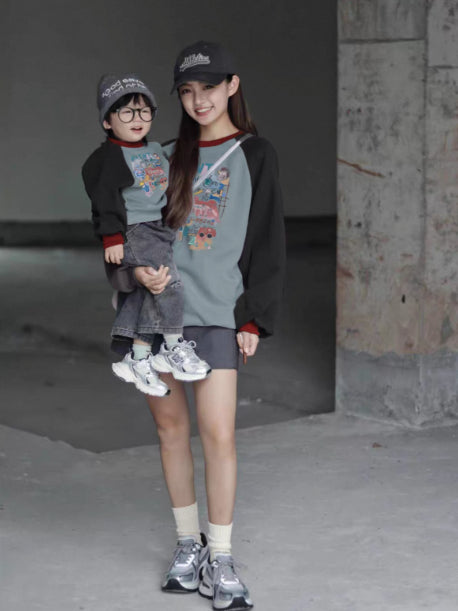 Bloc de couleur Raglan Hoodie pour les parents et les enfants polyvalent et facile à styler