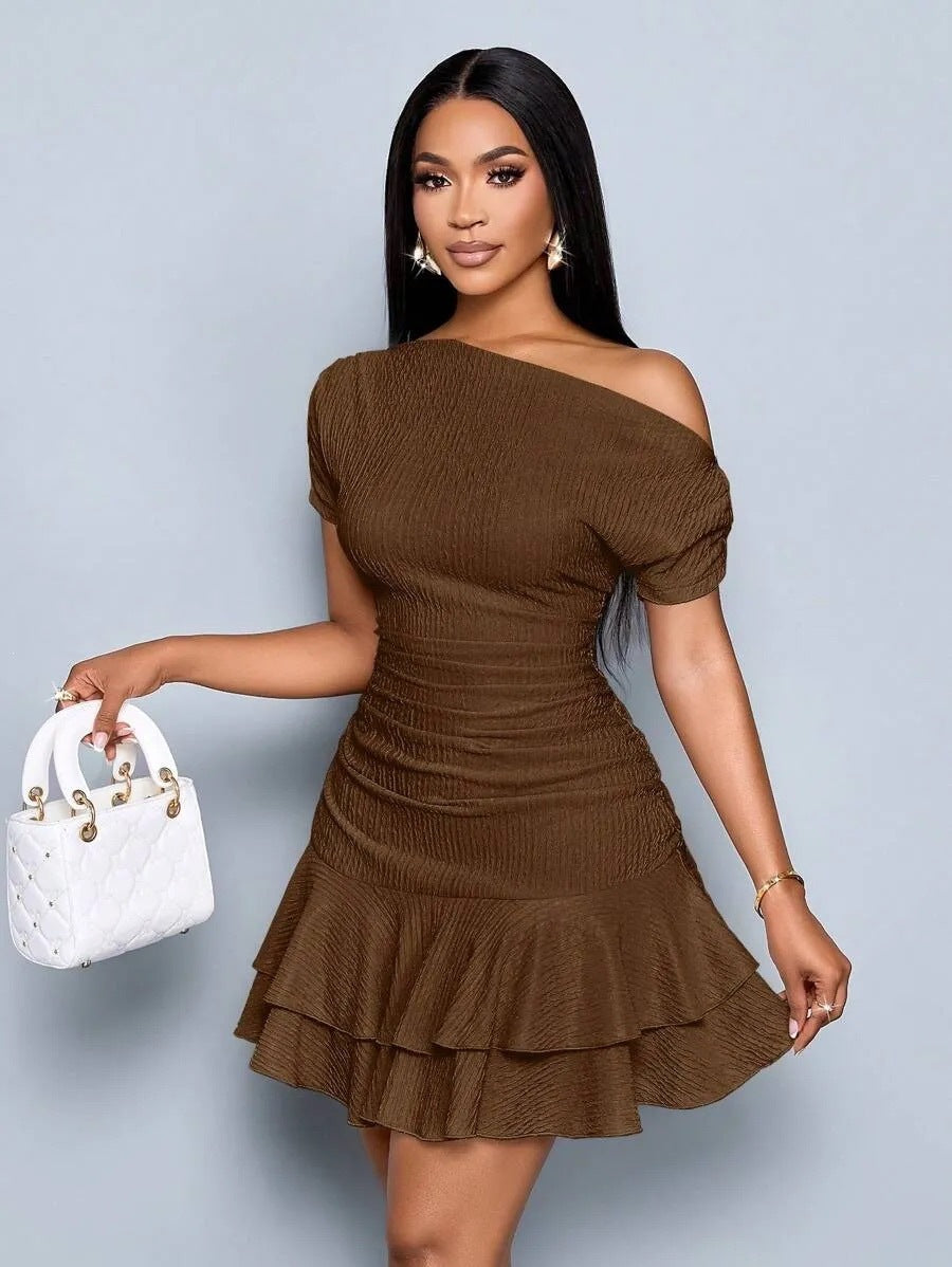 Solid Color Summer Off-the-Shoulder Slim Fit Ruffle Hem Dress