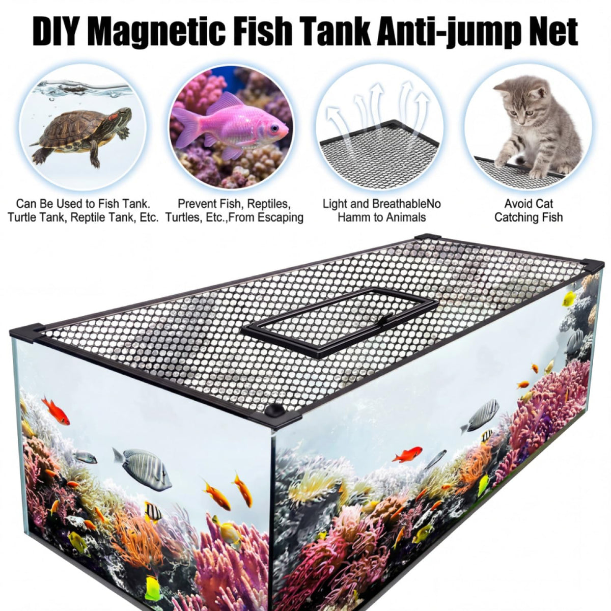 Magnetic aquarium mesh lid to prevent fish from jumping