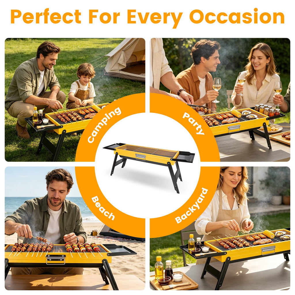 1Pc Portable pliant Charcoal Grill en acier inoxydable Camping BBQ Grill avec panneaux latéraux Com