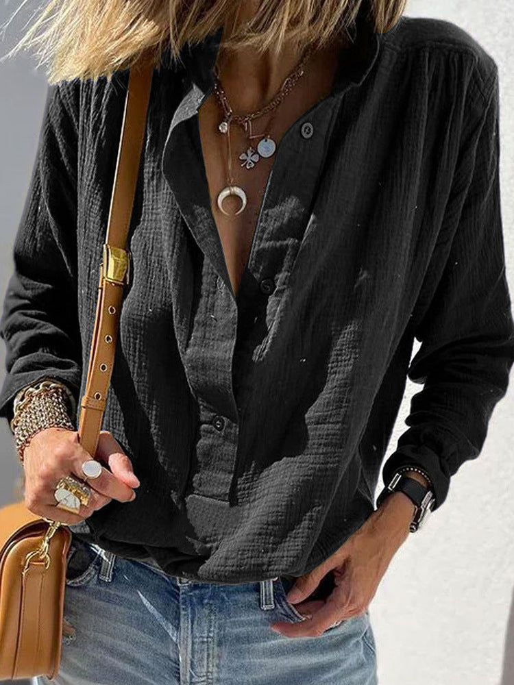 European and American Spring Women's Casual Loose Fashion Long Sleeve Cotton Chanvre Solid Co