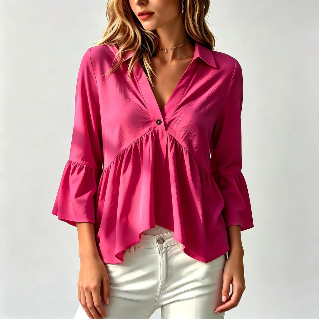 Chemise de couleur unie pour femmes avec un col et des manches volantes