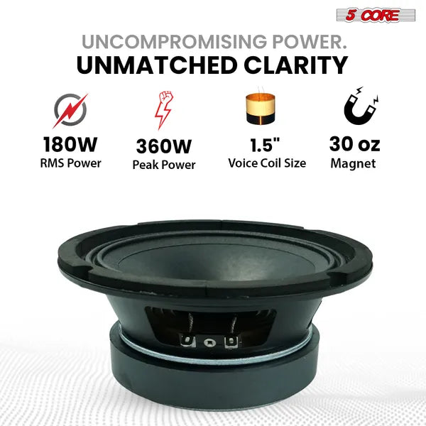 5 Core 6,5" Remplacement intermédiaire 2Pc Pro Haut-parleur audio 360W 4 Ohms/8 Ohms 60W Aluminu