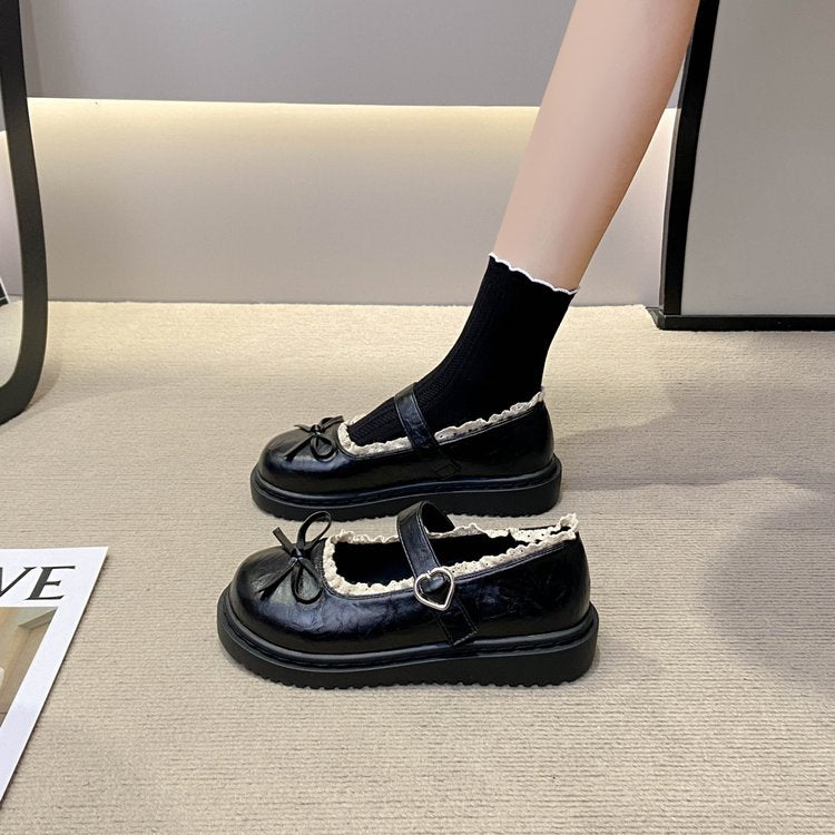 Femmes Tour de orteil Français Mary Janes Versatile Un mot Dentelle College Style JK Épaisseur Sole Flat