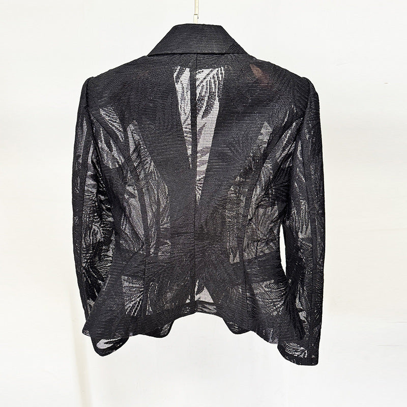 Veste de blazer broyée à simple bouton Sheer Leaf Jacquard
