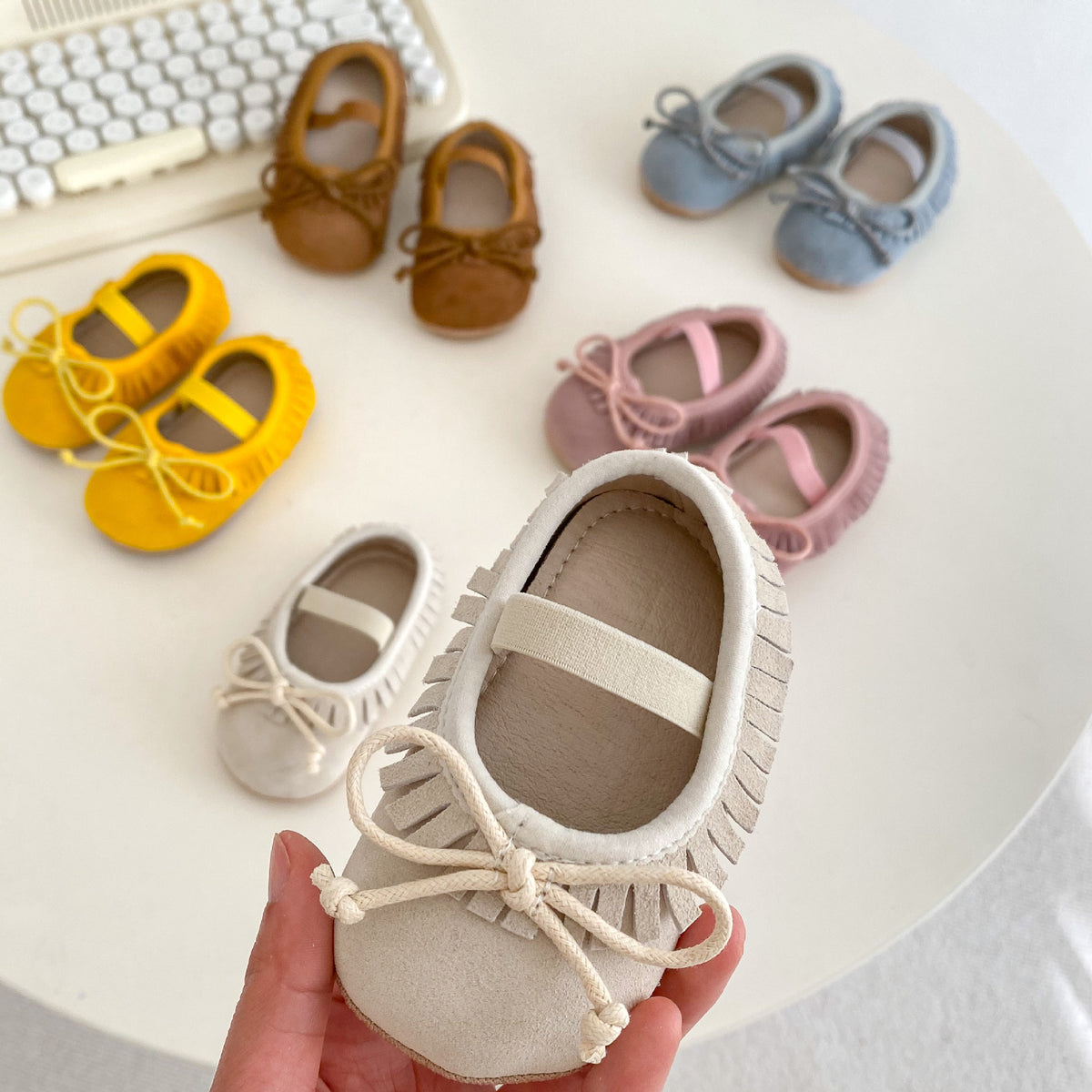 Printemps véritable en cuir bébé filles chaussures Big Bow couvert frange antidérapant résistant à l'usure doux