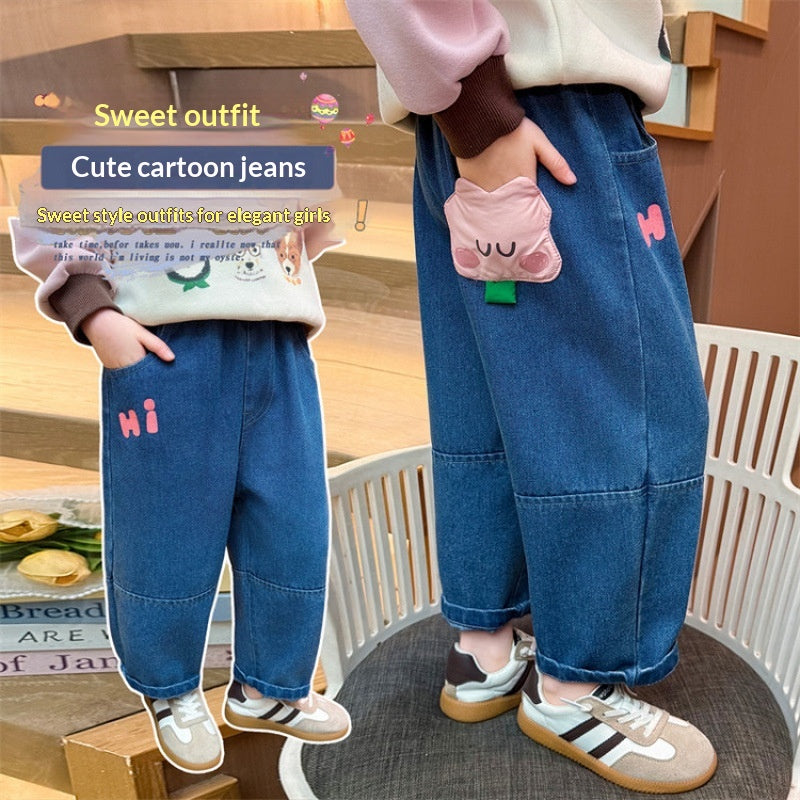 Filles Polyester Fibre Cartoon Pocket Jeans