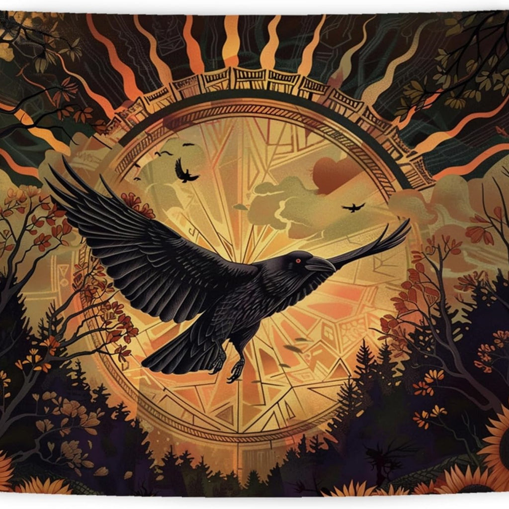 Halloween Noir Raven Sunrise Sunflower Tapestry