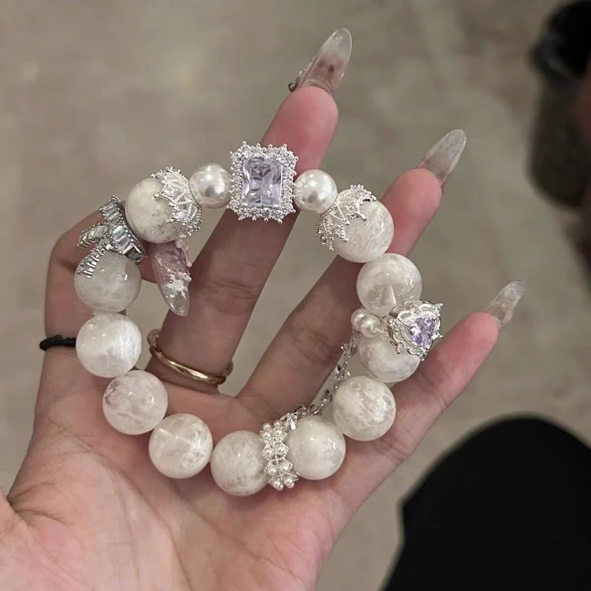 European And American Retro Imitation Pearl Flash Diamond Wide Version Bracelet Niche Acce