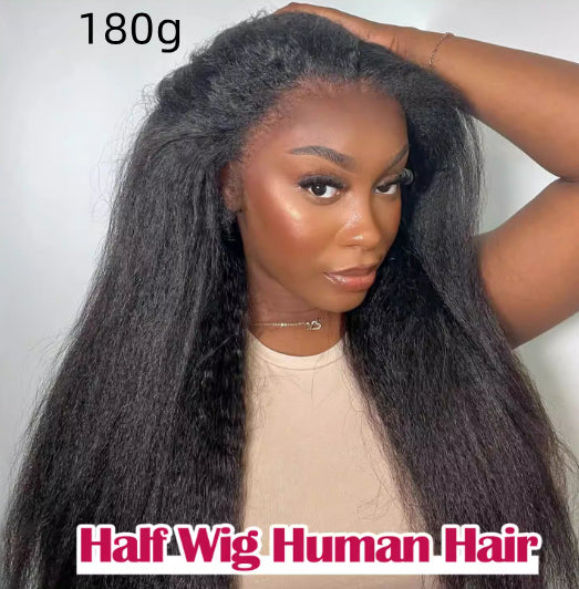 3-en-1 Demi-perruque cheveux humains avec cordon kinky cheveux droits