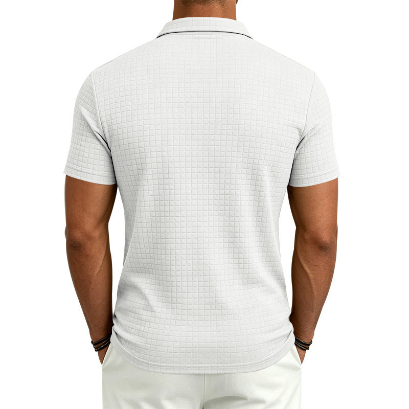 Homme Jacquard Plaid Relaxed-fit Stand-collar Polo manches courtes