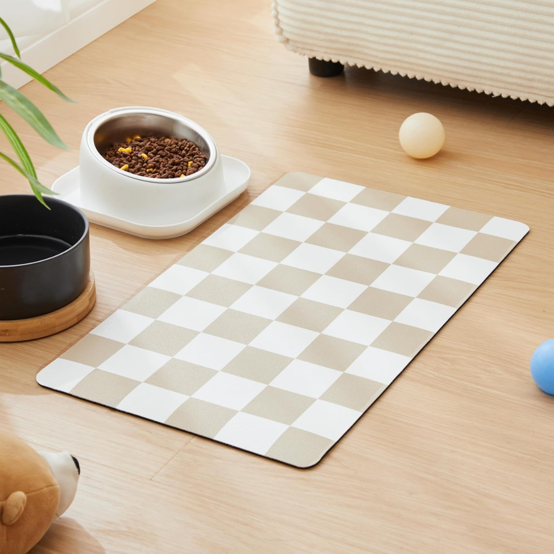 Tapis pour gamelle absorbant, motif damier beige rétro