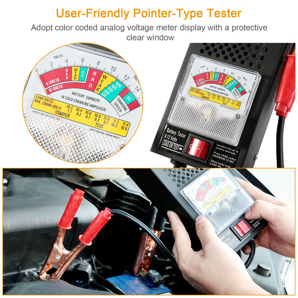 1Pc Testeur de charge de batterie 6 à 12V Testeur de batterie avec des clips en cuivre isolés lourds