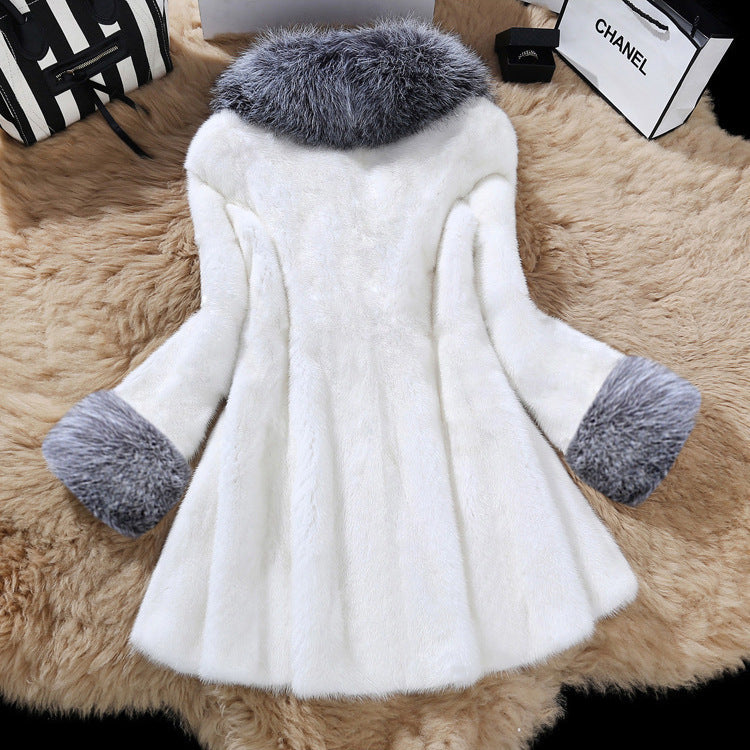 Femmes Faux Argent Collier de fourrure de renard Faux Mink Fur Coat