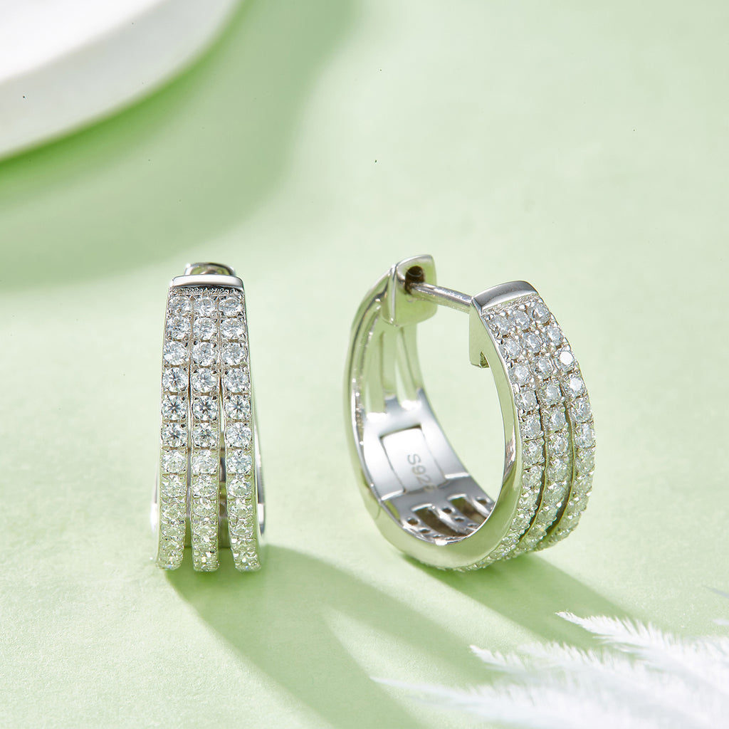 4.8g S925 Boucles d'oreilles en argent sterling en moissanite boucles de 17mm en trois rangées avec boucles de pave