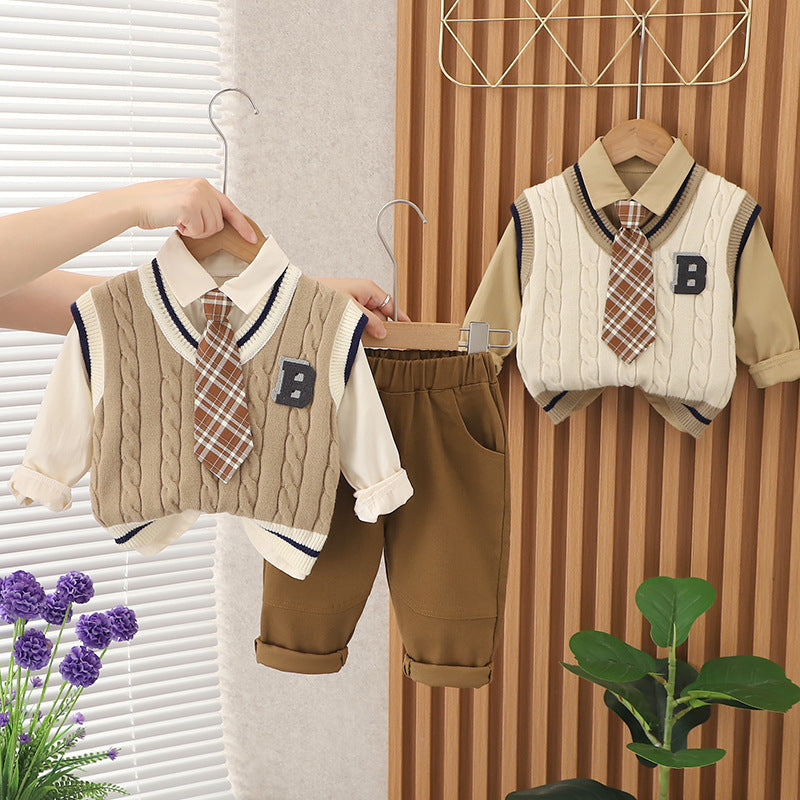 Garçons Vêtements d'automne costume Tie B- Chandail en forme Ensemble de trois pièces