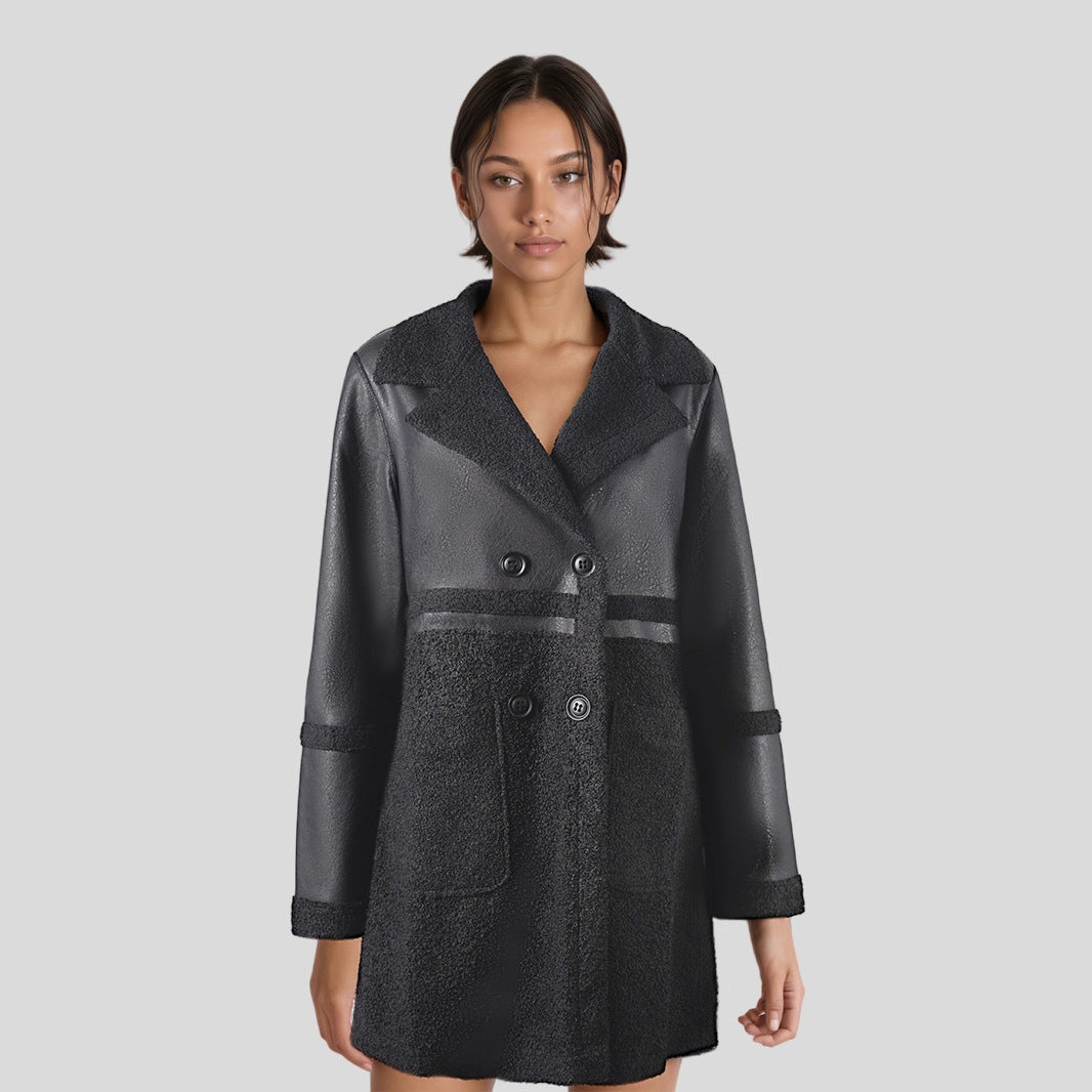 Veste en cuir mi-long pour femmes avec patchwork et design bidirectionnel