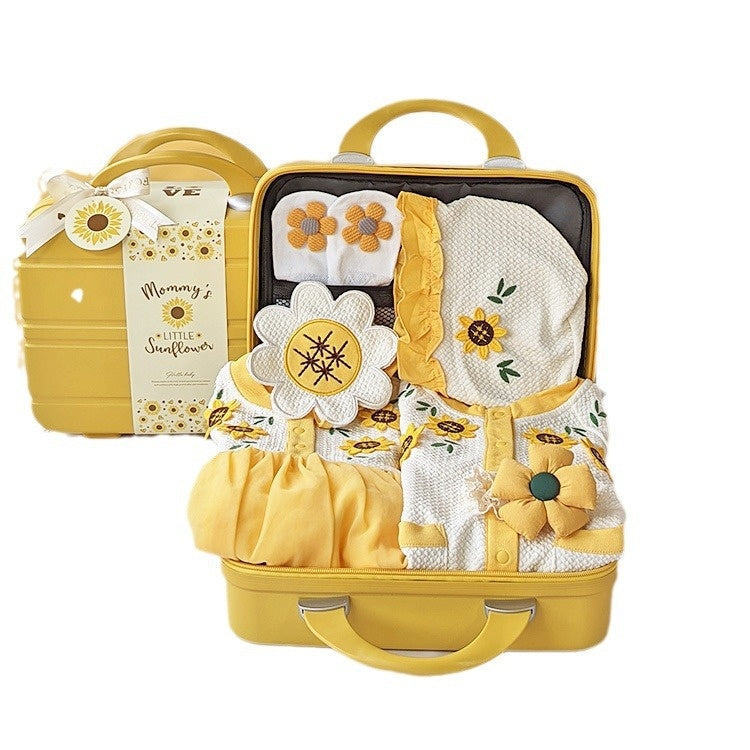 Ensemble cadeau bébé pour les nouvelles-nées avec une robe de tournesol jaune