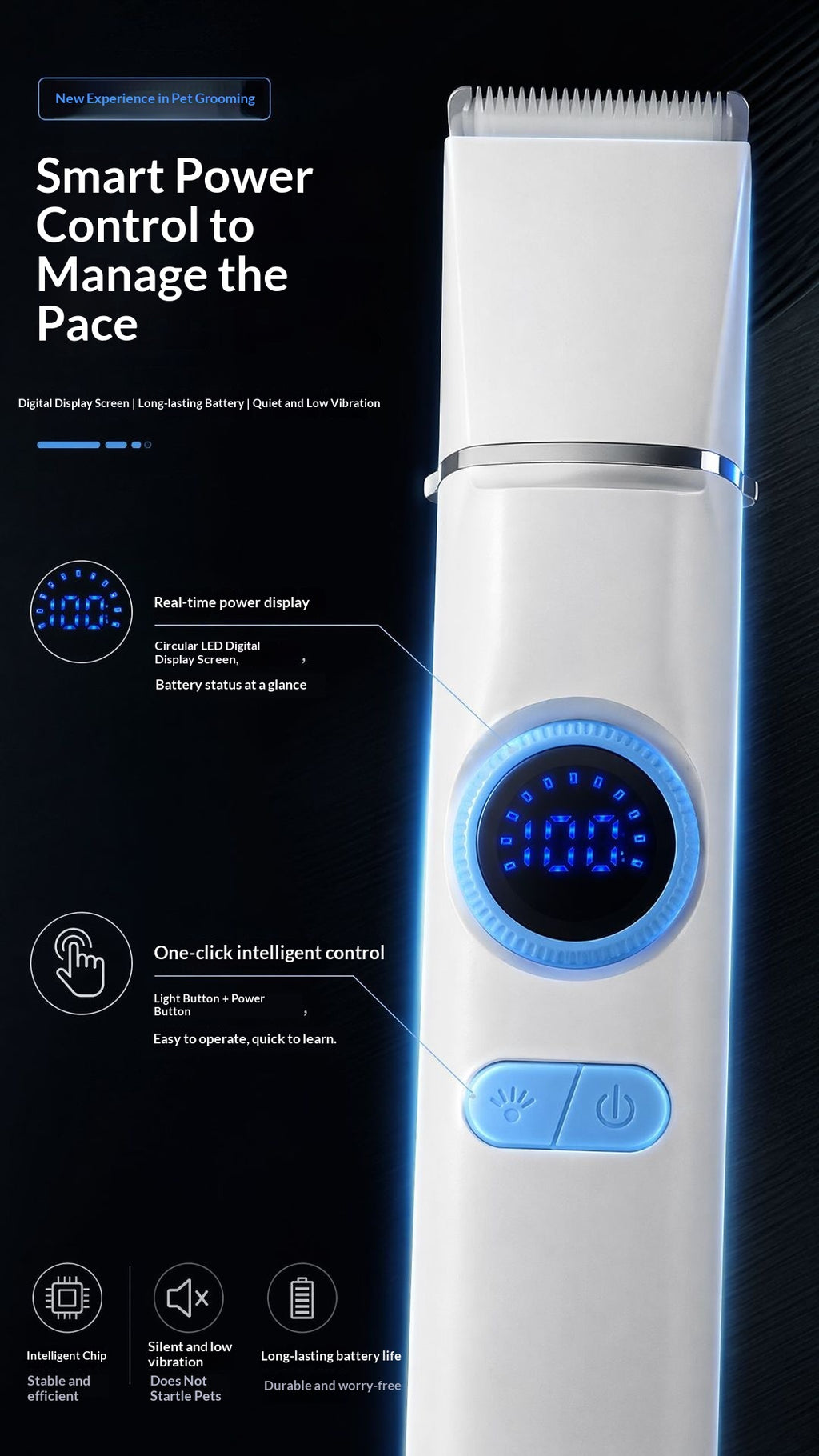 Clipper électrique pour animaux de compagnie avec affichage numérique
