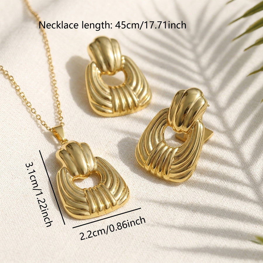 Or Ton en acier inoxydable Ribbed Texturé Hollow Square Ensemble de bijoux 2Pcs Pendentif femme Nec