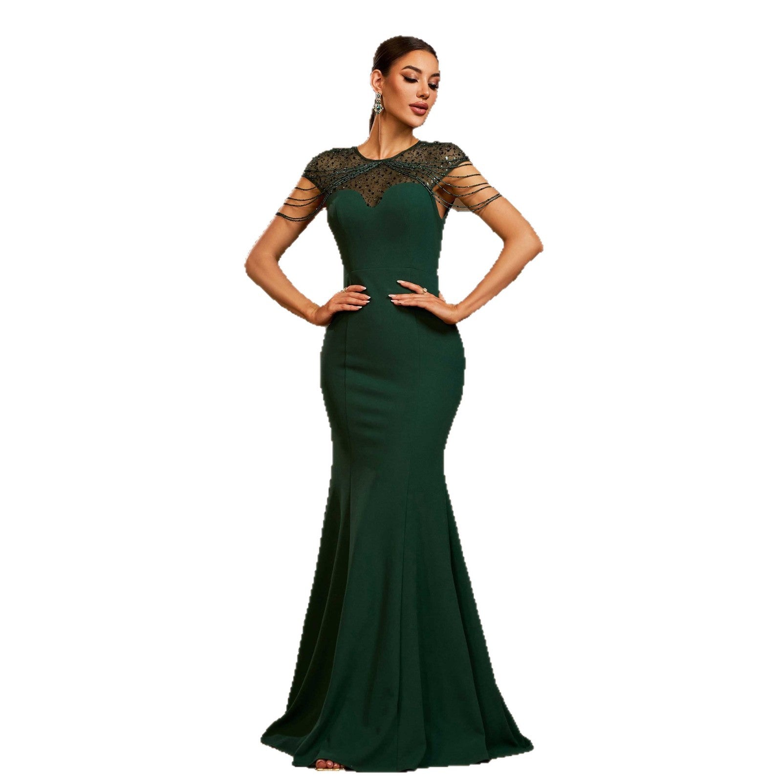 Élégant cou rond sans manches Paillettes minces Banquet de gaine Robe de soirée