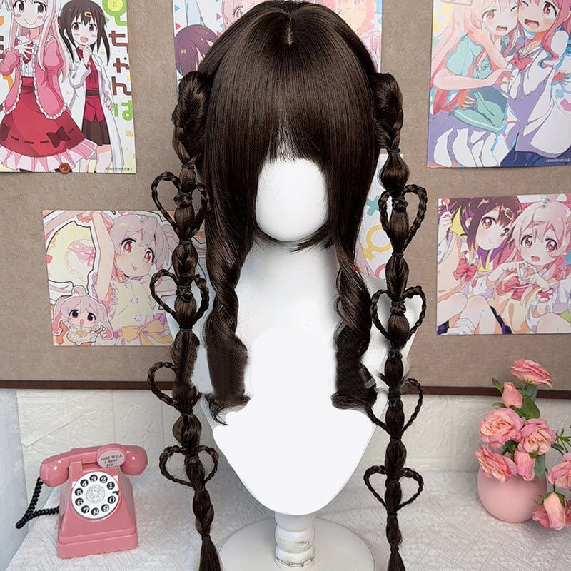Femmes Wig Wispy Bangs Long droit cheveux noirs tressé Updo
