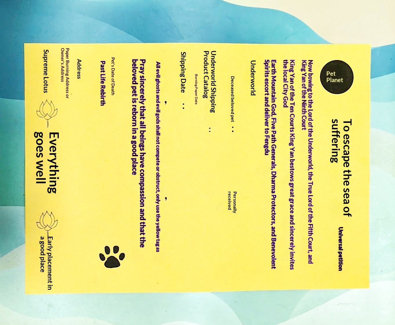 Offres de papier de rite funéraire et ancestral pour animaux de compagnie