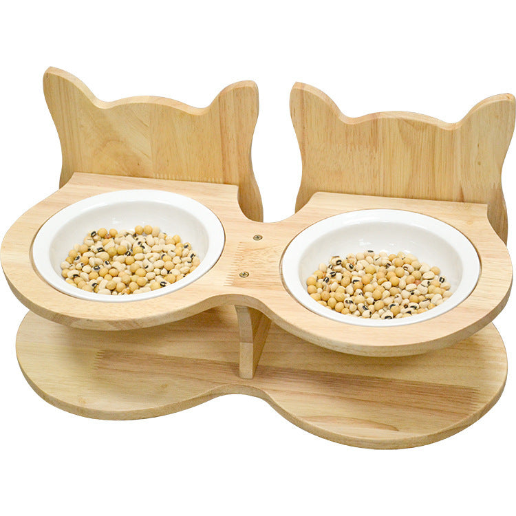 Bamboo et Wood Pet Cat Food Stand avec plateau en céramique