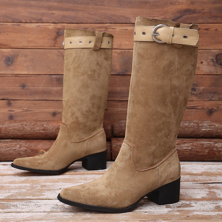 Bottes retro à talon épais avec ceinture