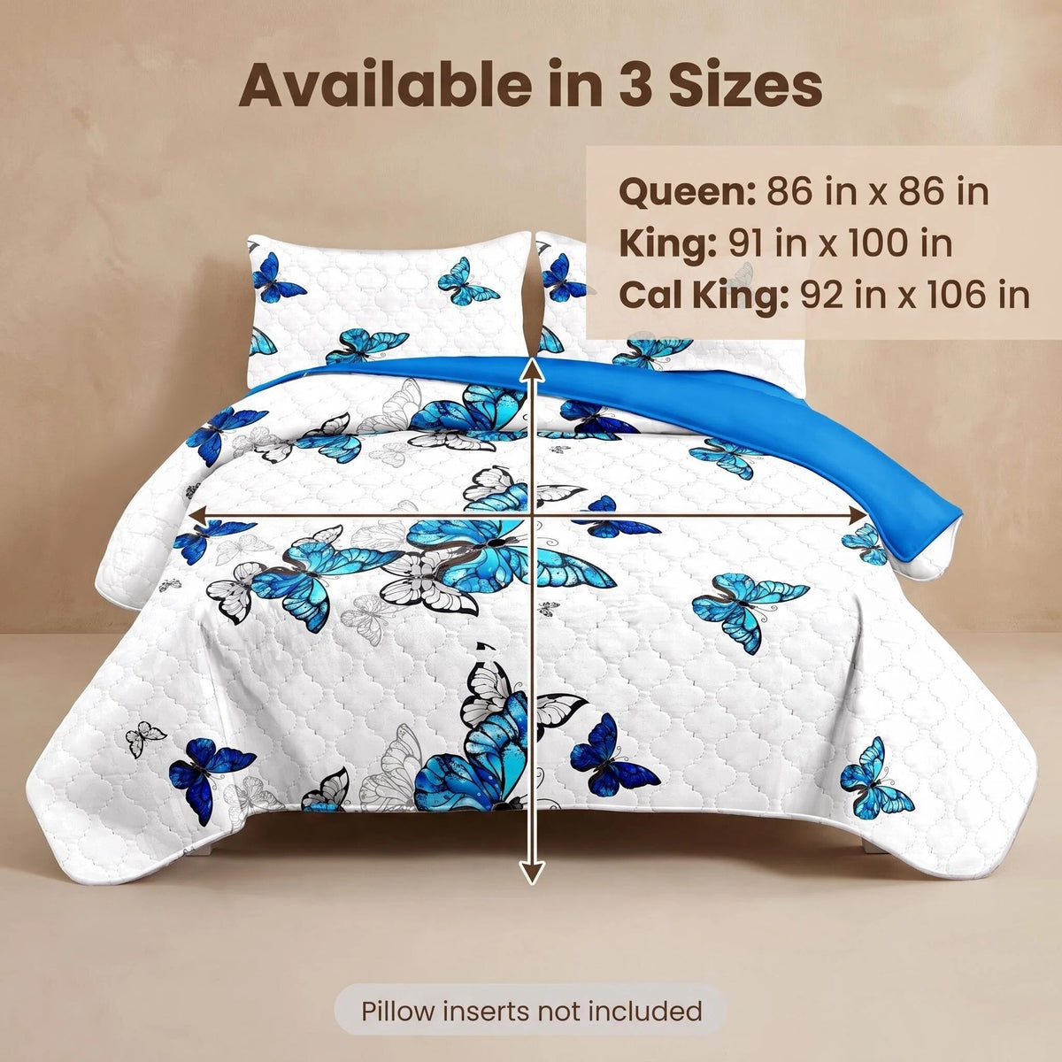 3-Piece Blue Butterfly Couverture de lit matelassée pour roi et roi de Californie