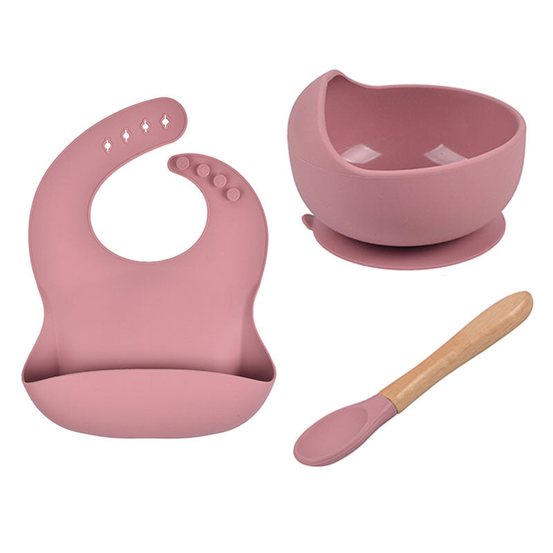 Baby Tableware Solid Food Bowl Silicone Bib Spoon en bois Ensemble de trois pièces