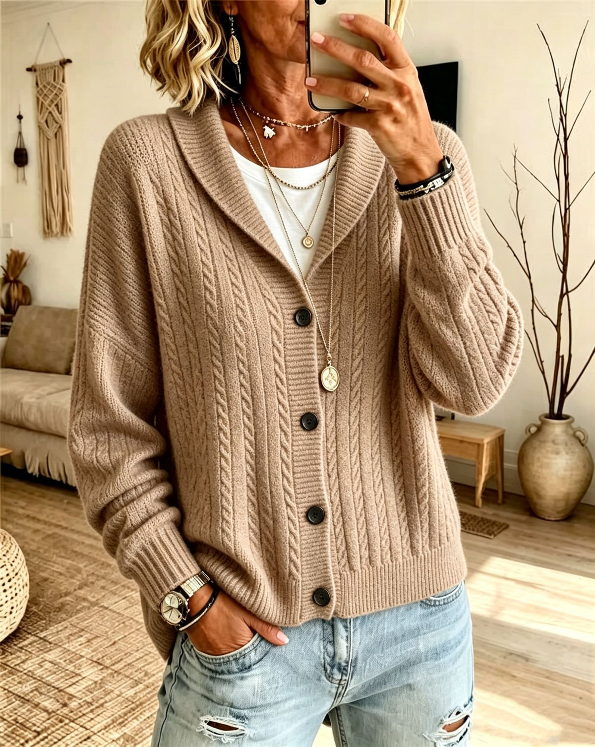 Cardigan à câbles en lapel de couleur solide