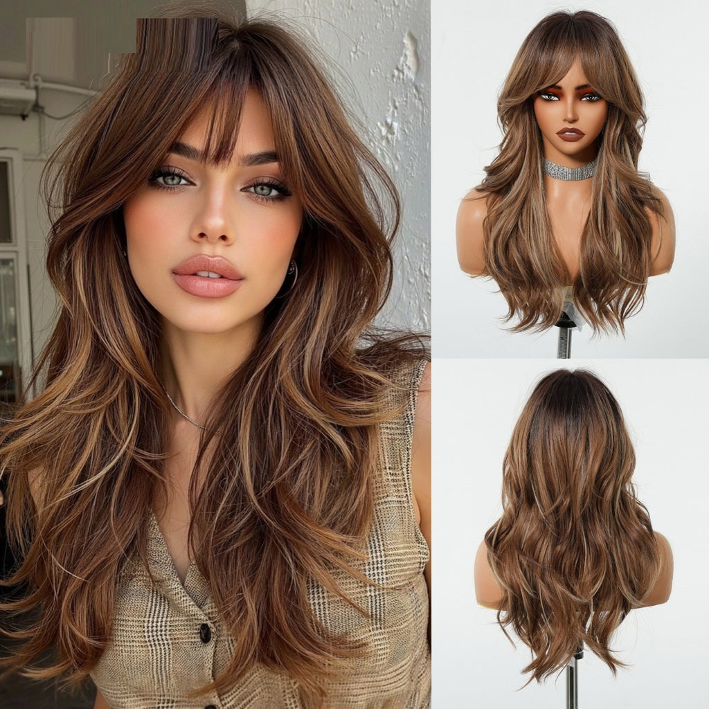 Marron-or Ombre Rose Mesh Huit caractères Bangs Fashionable Long Curls