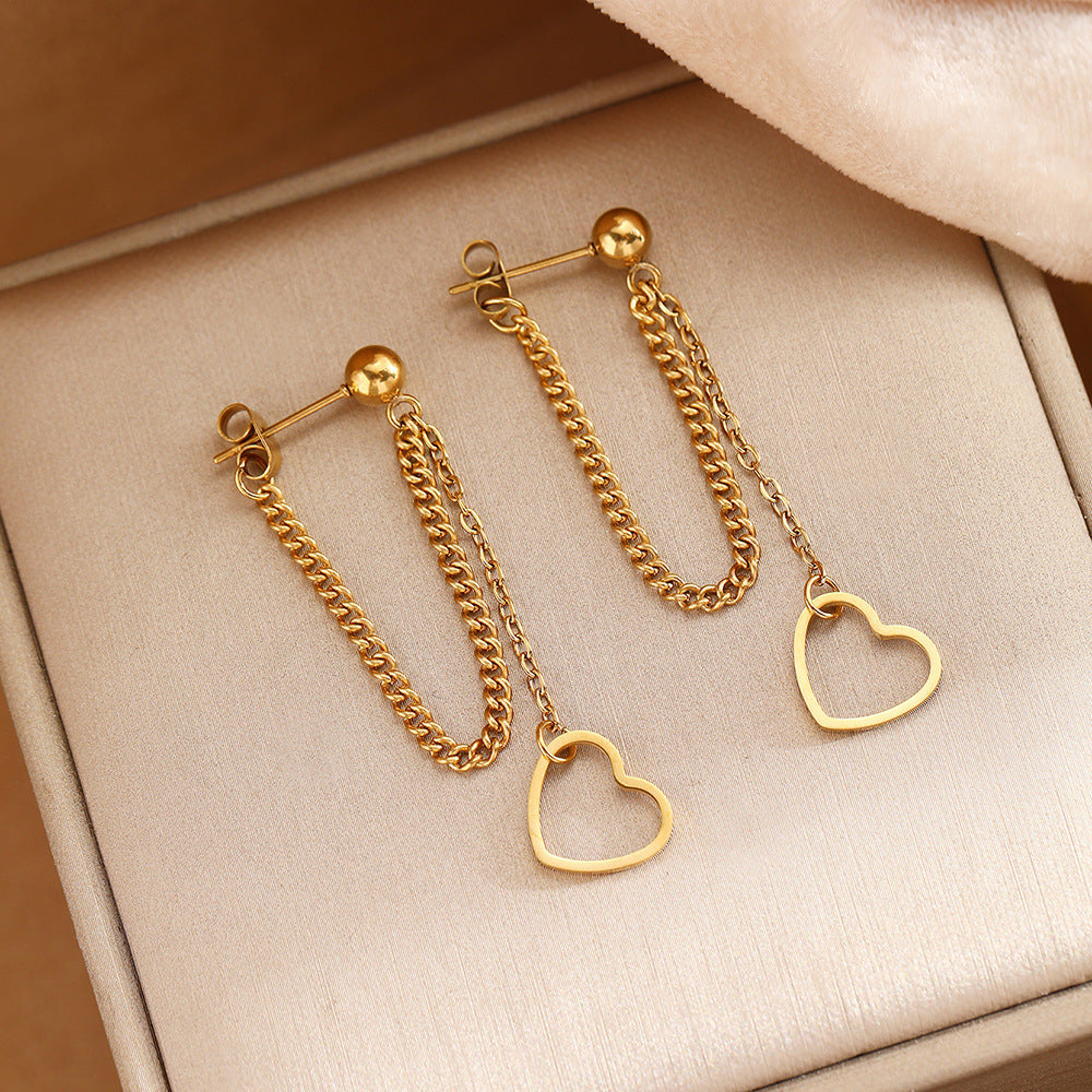 Femmes Boucles d'oreilles en dangle à cœur ouvert à creux Chaîne à double couche Boucles d'oreilles en drop