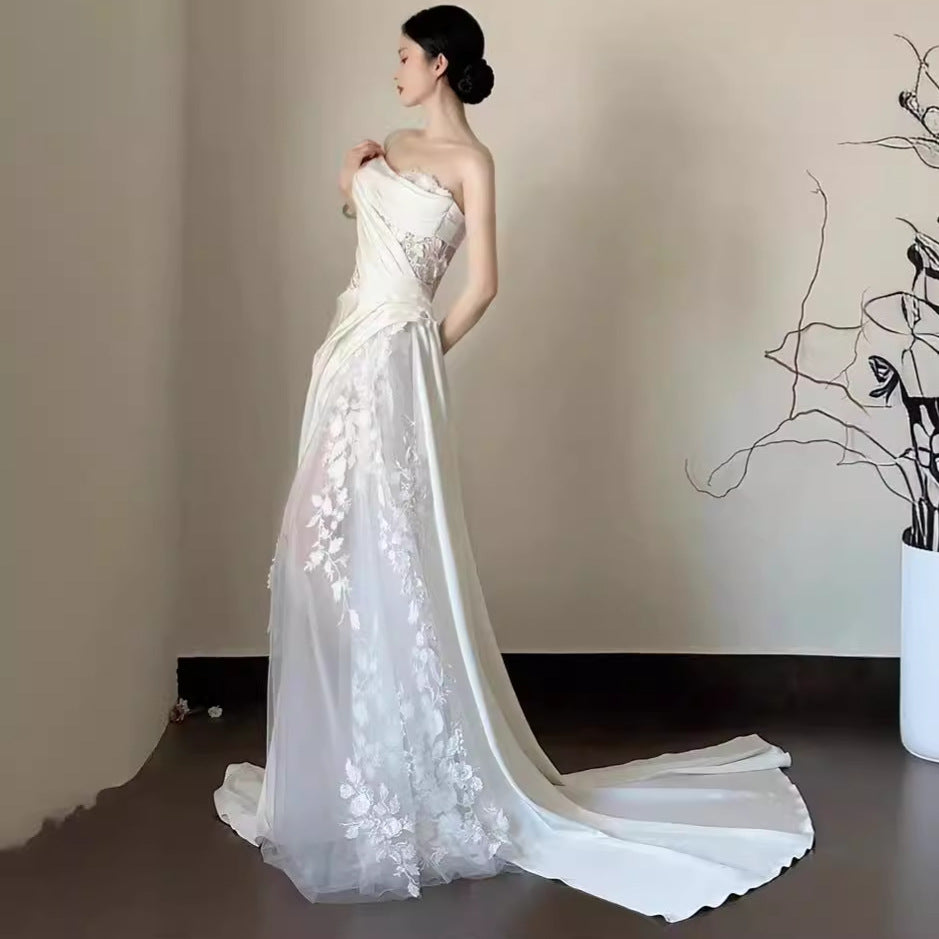 Satin Dentelle Veil Tube de mariage Top Robe de mariée en queue de poisson