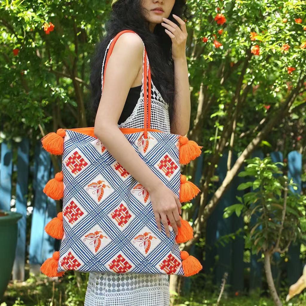 Sac en toile de tassel contrast-colore style chinois