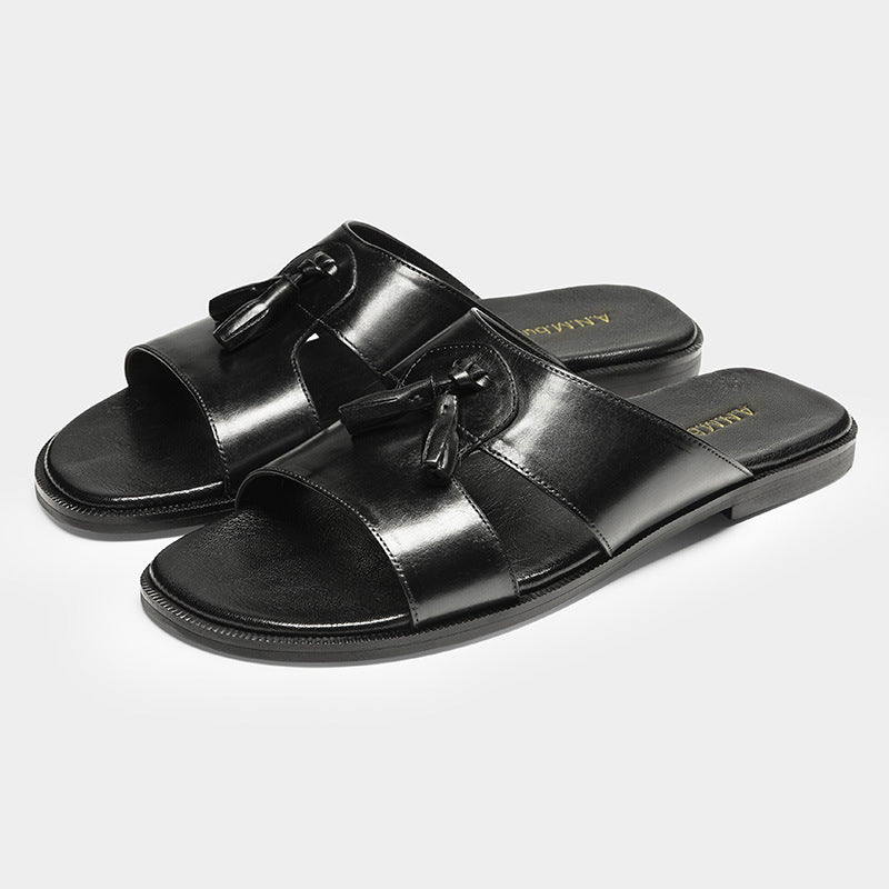 Pantoufles en cuir véritable pour hommes fabriquées à partir de cuir de vache à grains entiers
