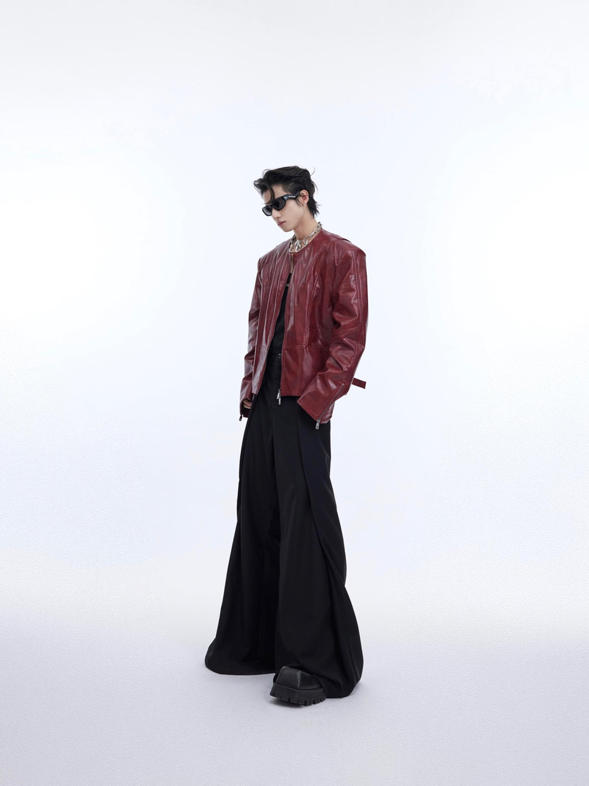 Texture Sensé Épaule rembourrée En Cuir Manteau Hommes